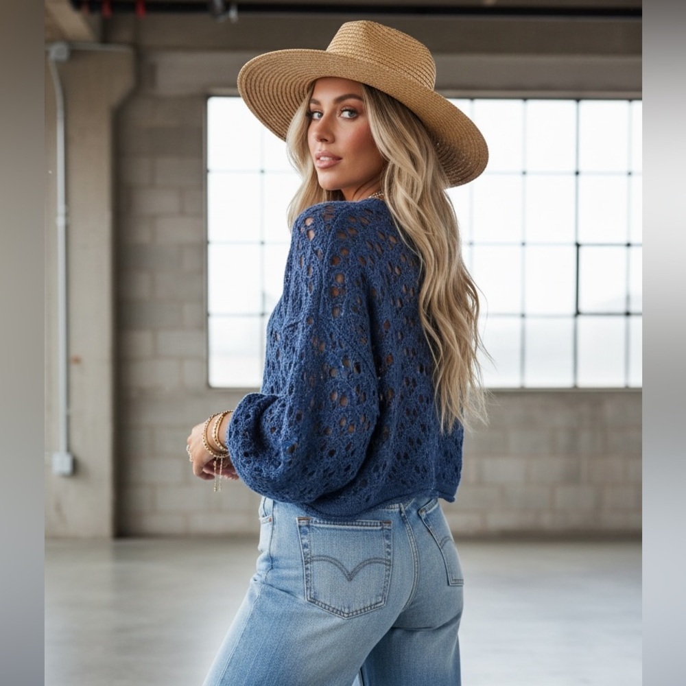 NWT Open Knit Speckled Cropped Balloon Sleeve Sweater Top Navy - Picture 2 of 10